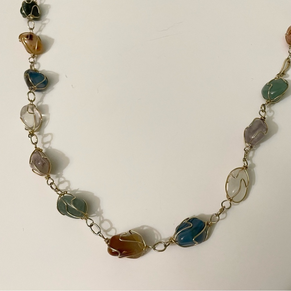 Boho Multi Gemstone Wire Wrapped Necklace Tumbled Stone Crystal Jewelry - Picture 4 of 15